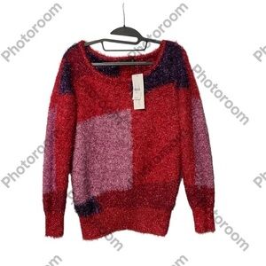 New York & Company Red and Purple Shiny  Sparkly Tinsel Christmas Party Sweater.